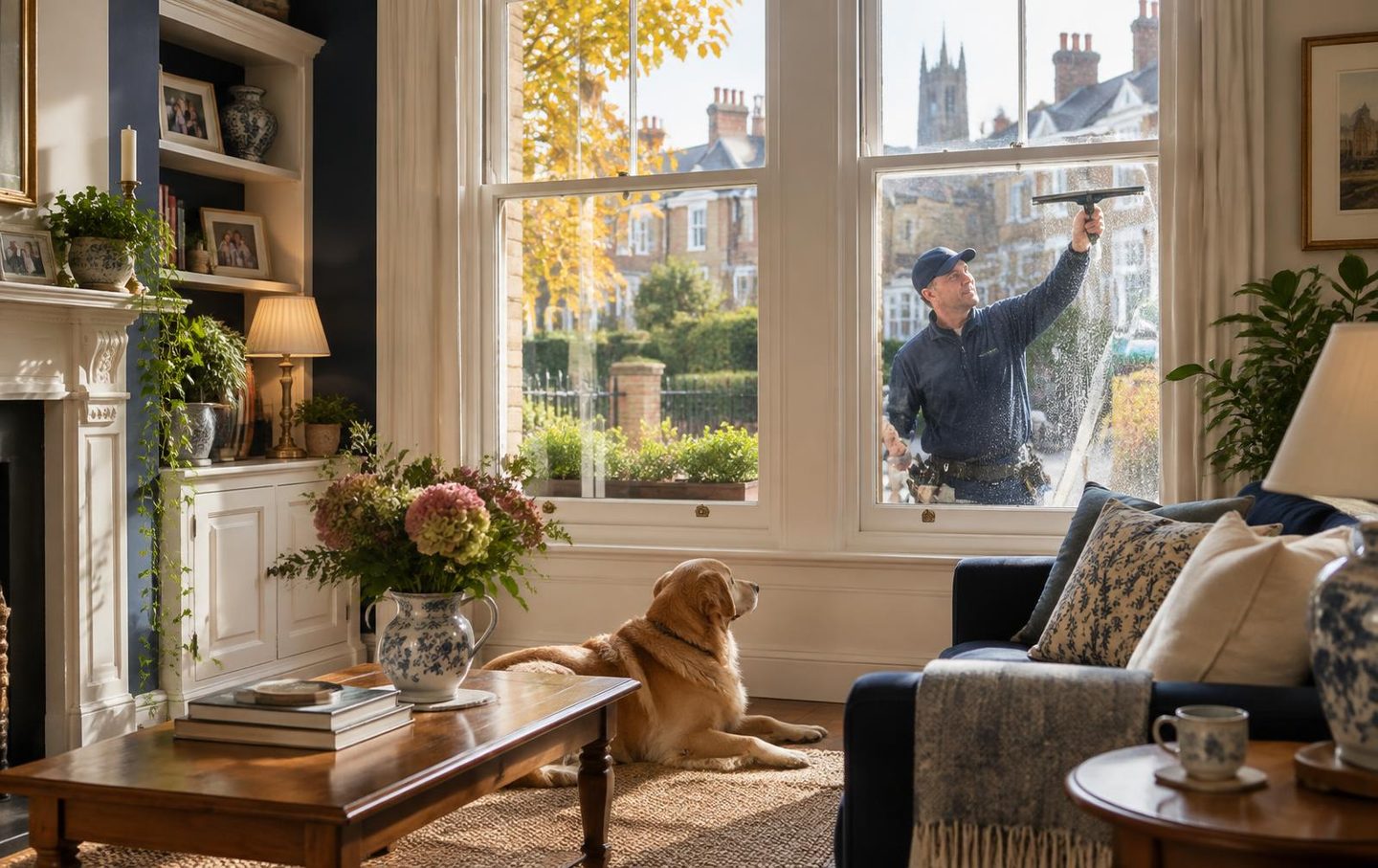 A traditional window cleaner hand-finishing the sash windows of a Norwich home