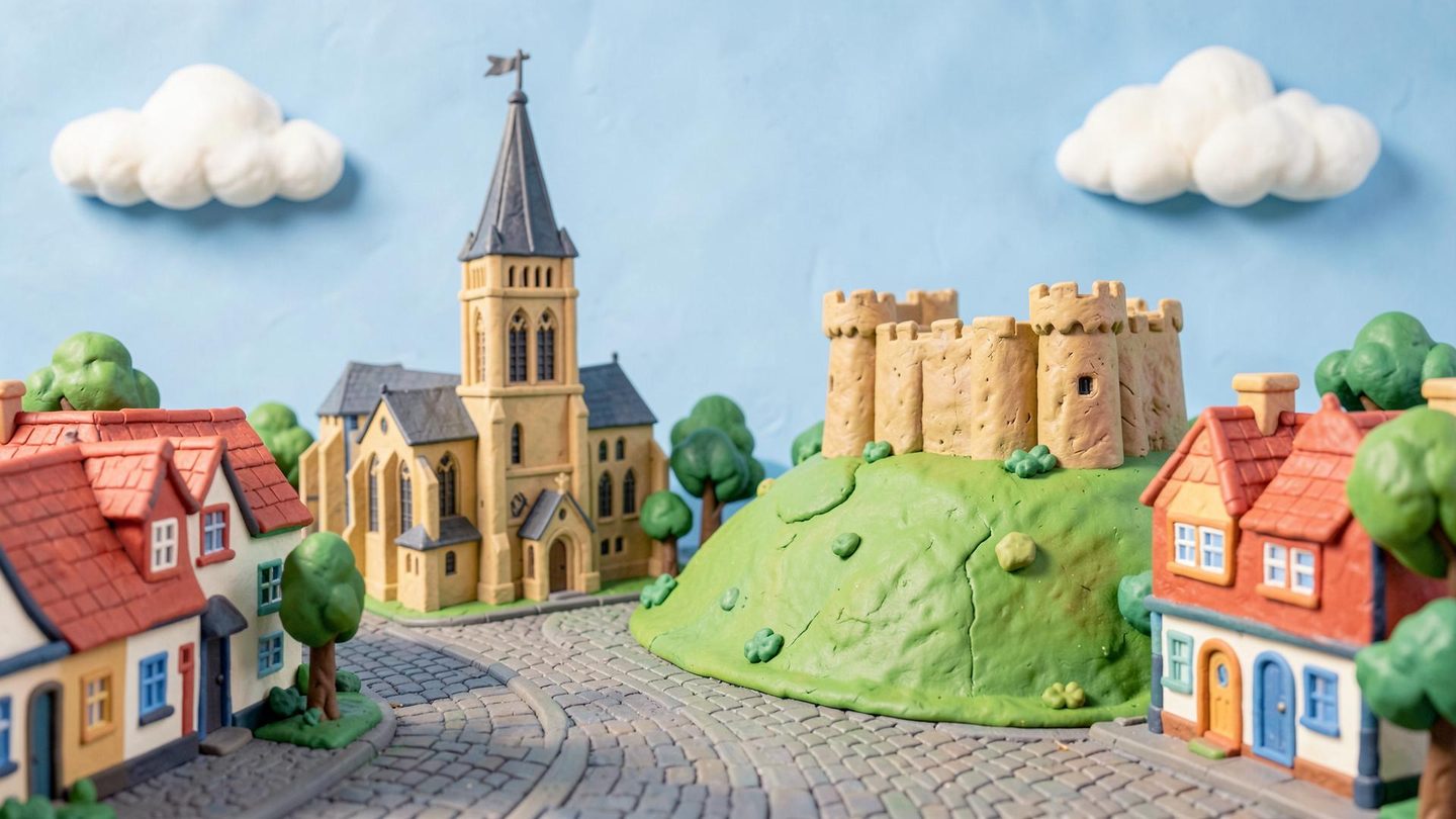 Claymation-style Norwich city scene with the cathedral and castle