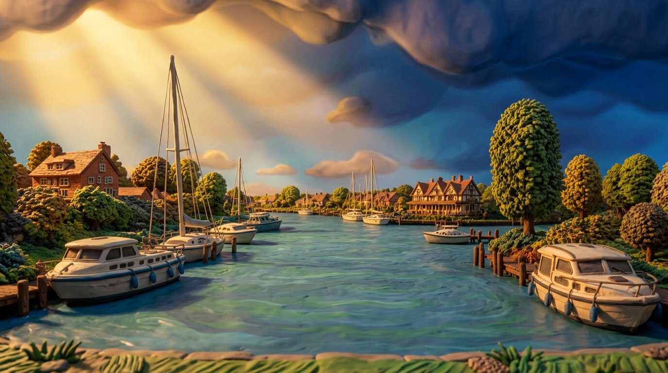 Claymation illustration of Brundall marina on the River Yare with moored boats, timber boathouses and the Tudor White House