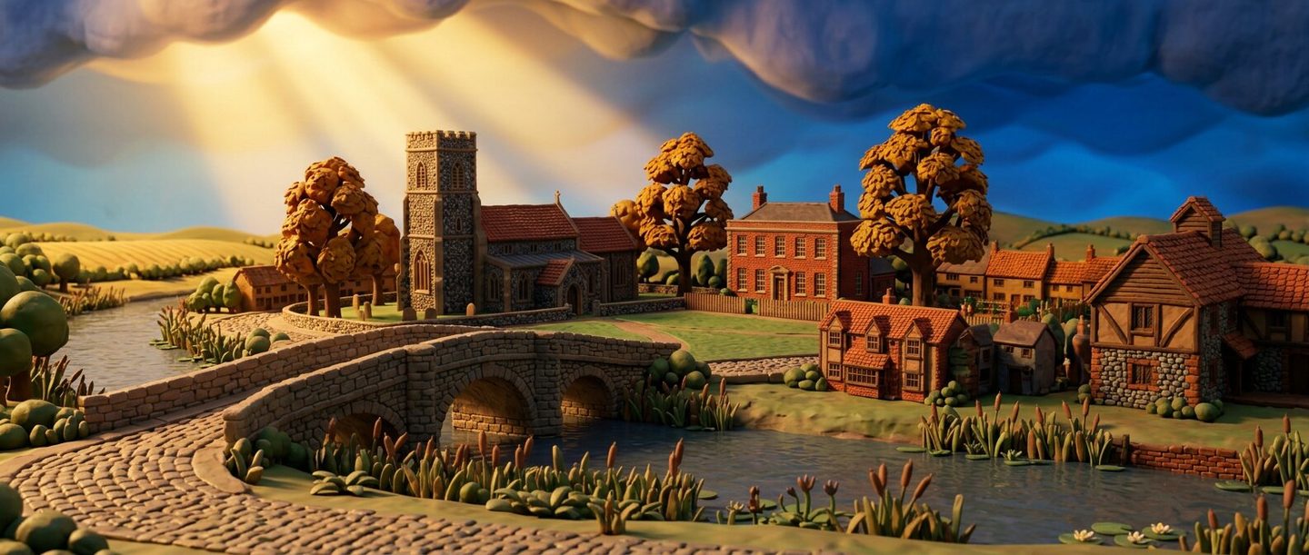 Claymation illustration of Cringleford showing the old stone bridge over the River Yare with wooded riverbanks and village cottages